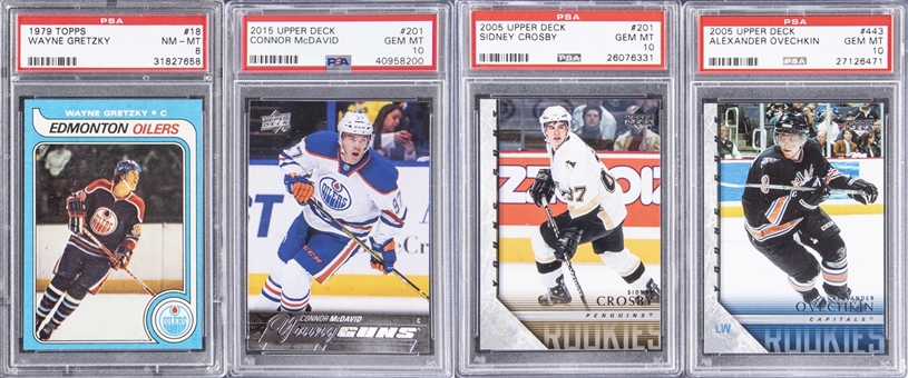 1979-2015 Upper Deck and Topps PSA-Graded Hall of Famers and Stars Rookie Cards Collection (4 Different) – Including Wayne Gretzky, Sidney Crosby, Alex Ovechkin and Connor McDavid!